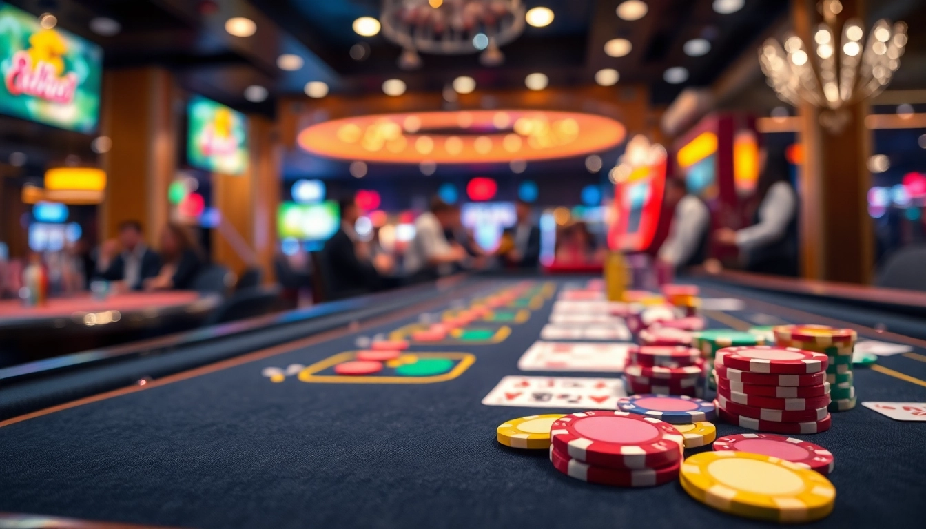 Engaging rtp slot gaming table with colorful chips in a dynamic casino environment.