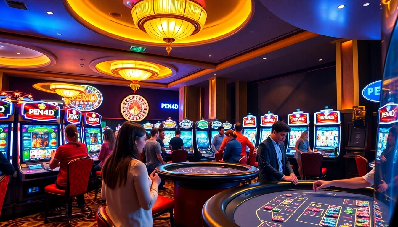 PEN4D daftar featuring players winning on vibrant slot machines in a luxurious casino environment.