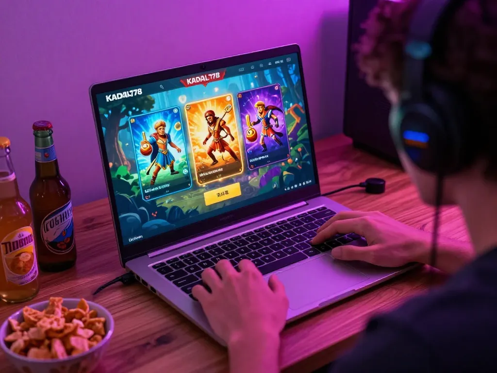 KADAL778 user enjoying Greek mythology-themed games on a laptop while snacking in a cozy setting