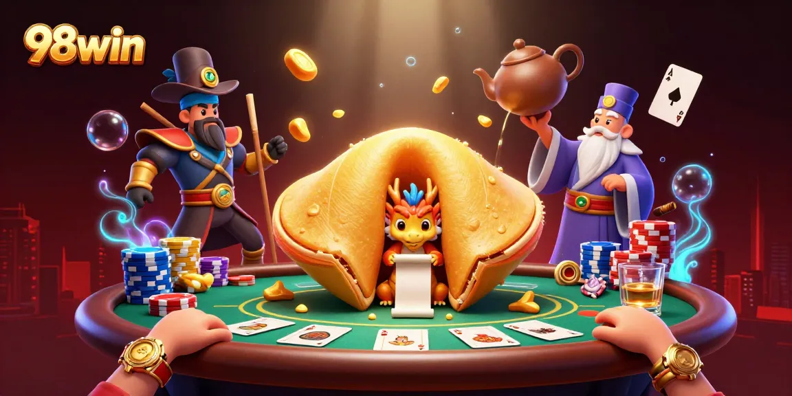 Experience dynamic gaming with 98win's vibrant 3D illustration showcasing casino elements.