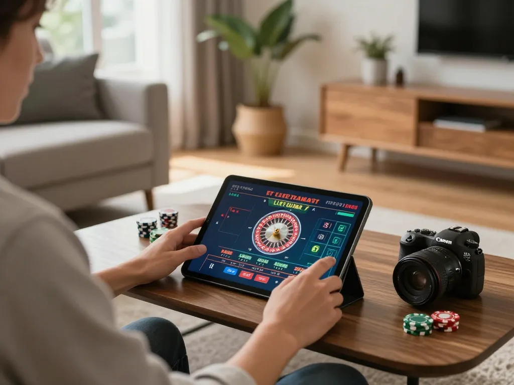 Engaging with online casino games using tablet while exploring incakoin betting strategies in a stylish home