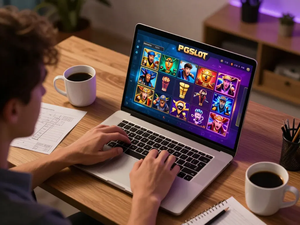 Engaged player enjoying PGSLOT online gameplay on a laptop with colorful interface and strategy notes.