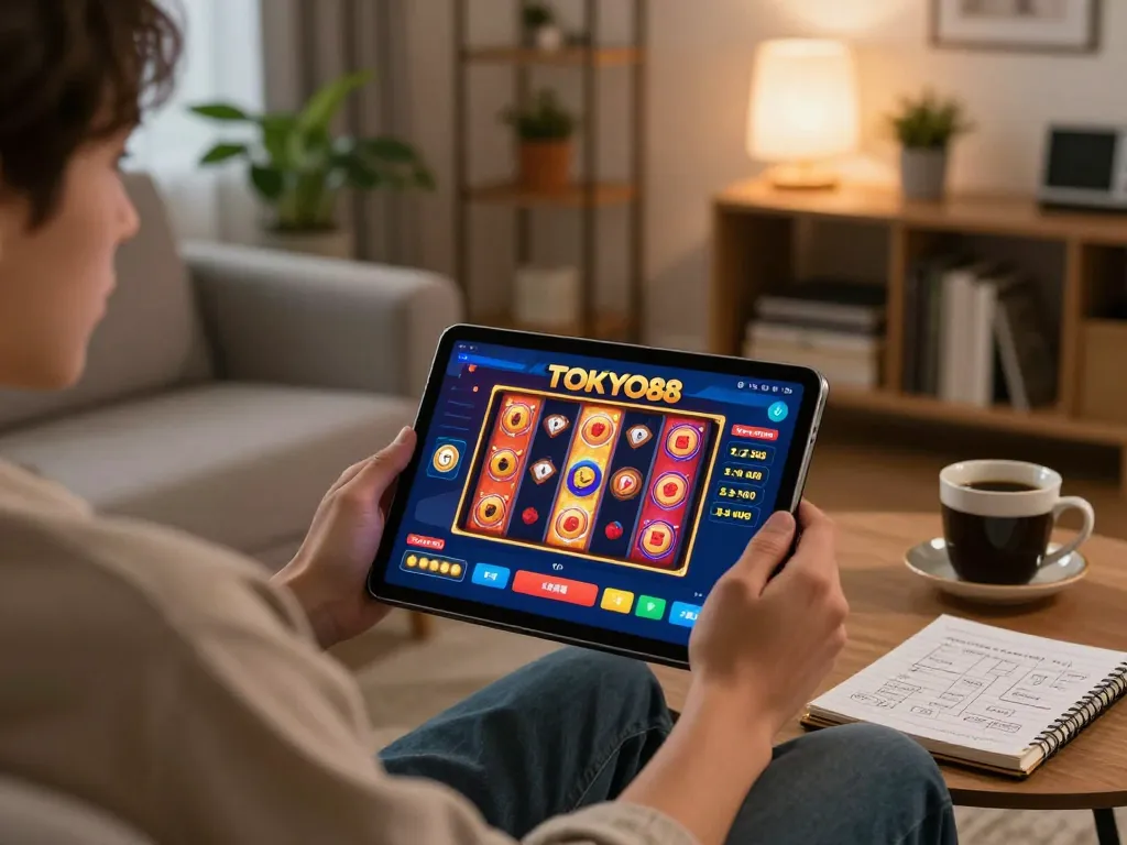 Pemain TOKYO88 menikmati slot online di tablet dalam suasana rumah yang nyaman, menampilkan permainan yang santai.