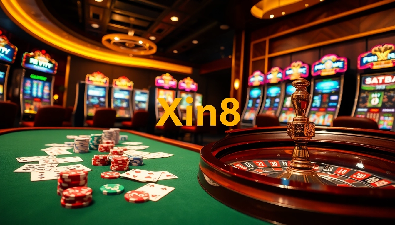 Xin88 gaming scene with poker chips, cards, and a roulette wheel creating an exciting atmosphere.