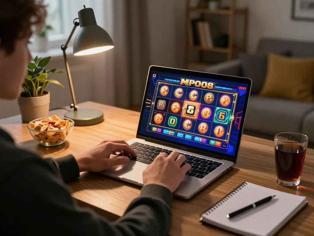 MPO08 player engaging in an online slot game with vibrant visuals in a cozy home setting.