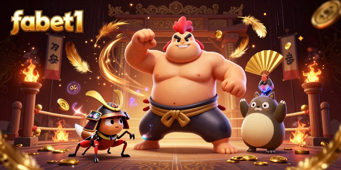 Engage with fabet1 in a vibrant 3D casino scene featuring a sumo wrestler rooster and samurai cricket.