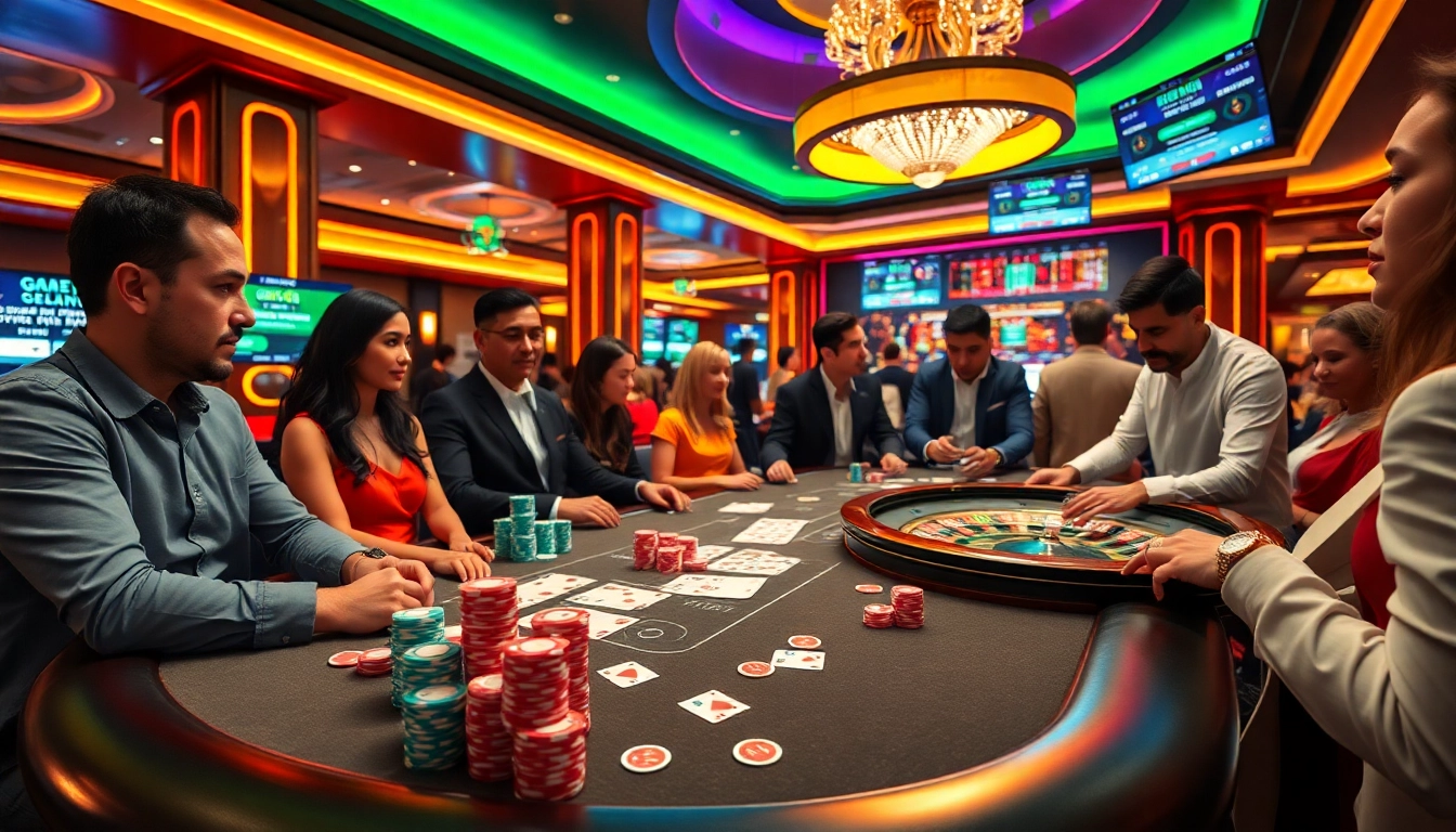 Players engaging in high-stakes poker at rr 88 casino with vibrant decor and live betting screens.