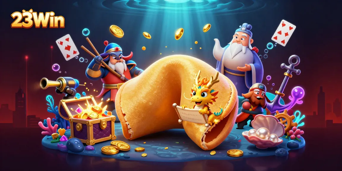 Play thrilling games at 23Win featuring golden fortune cookie and vibrant casino elements.