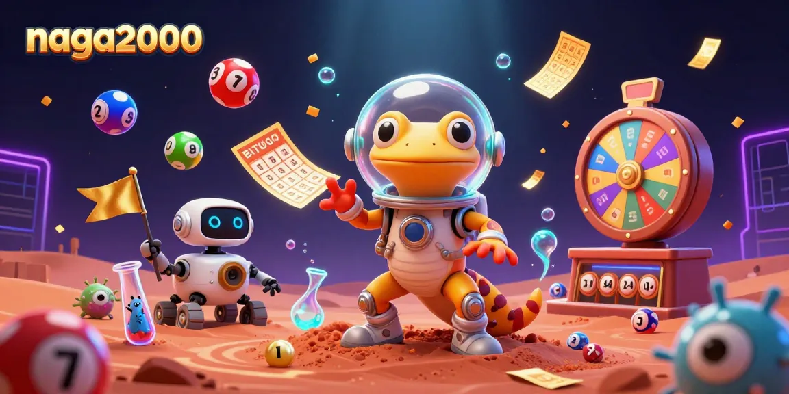 Naga2000 menghadirkan gecko Martian berpetualang di kasino emas, dikelilingi bola lotere berwarna.
