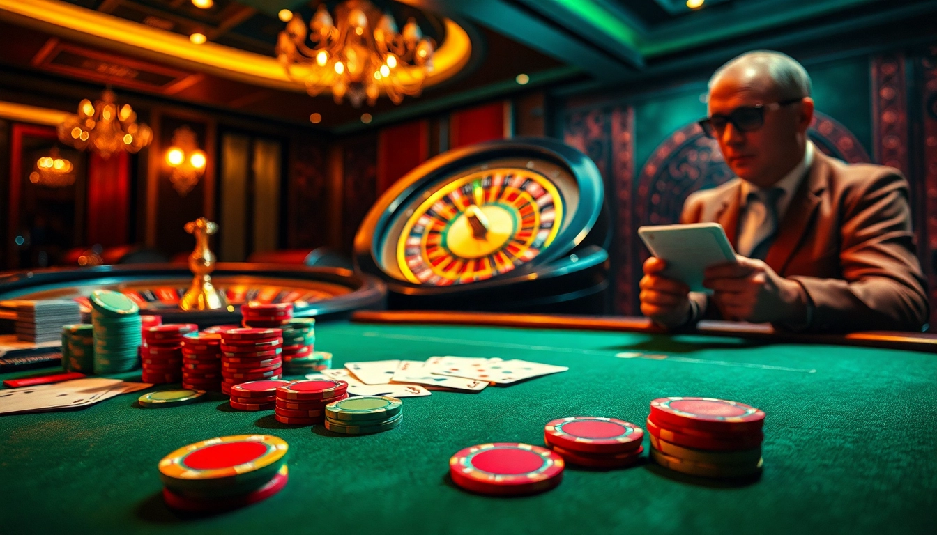 Engage in high-stakes gaming at 68win's luxurious casino featuring vibrant poker chips and an elegant roulette wheel.
