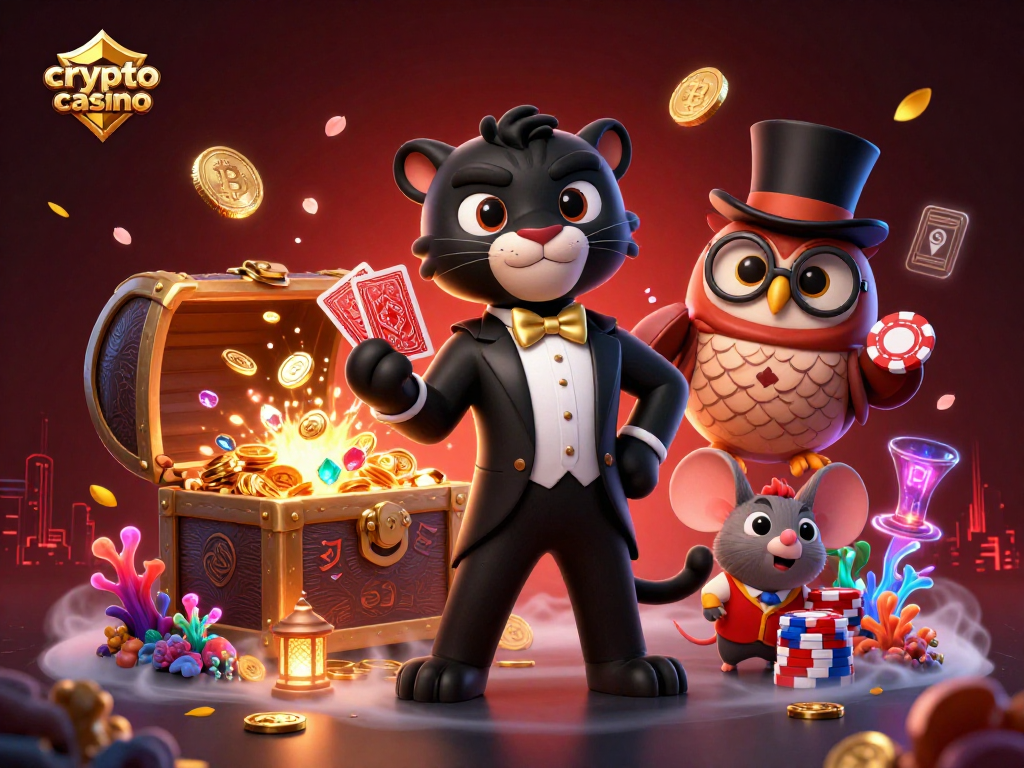 Engaging scene of a crypto casino featuring a stylish panther and owl, lively gaming atmosphere.