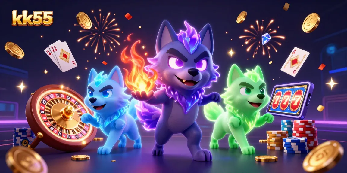 Unleash winning potential at kk55 casino with a vivid 3D scene of animated wolf characters.