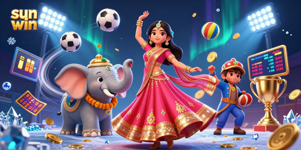 Experience thrilling action at sun win with a vibrant, 3D illustration of colorful casino-themed elements and characters.