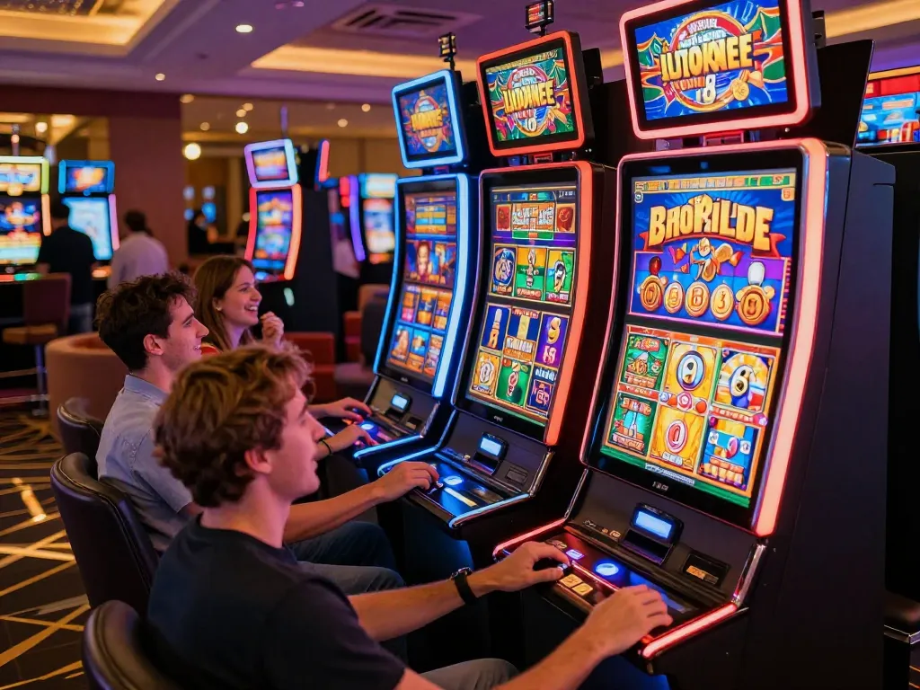 Audiovisual excitement of playing situs slot gacor in a colorful slot machine area, with players engaged and celebrating wins.