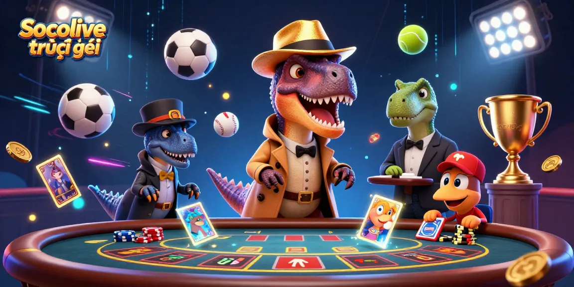 Experience Socolive trực tiếp with a vibrant 3D dinosaur-themed gambling scene full of action.