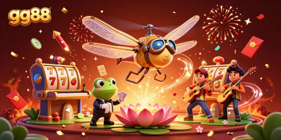 Experience thrilling games at gg88 with a lively casino scene featuring a dragonfly pilot and frog croupier.