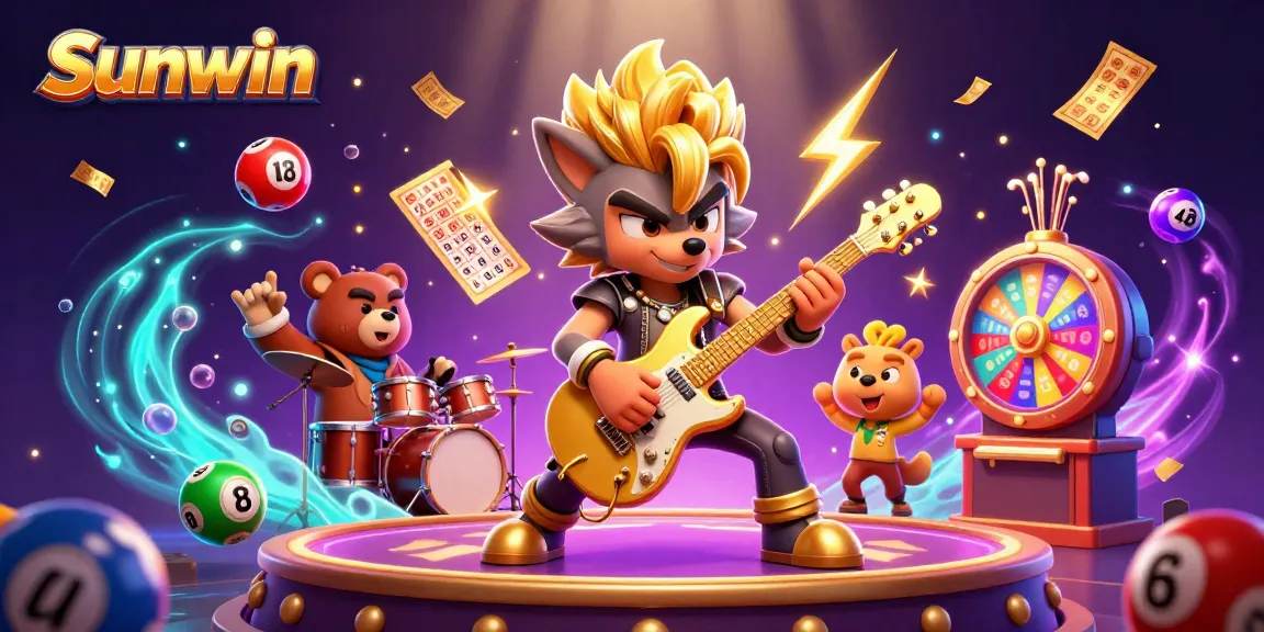Sunwin shows a rock star wolf and drummer bear on a dynamic casino stage with thrilling gaming elements.