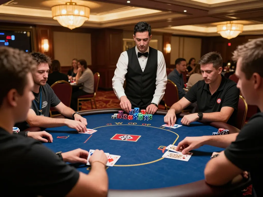 Players engaging in a strategic poker game at F8bet casino with vibrant chips and professional dealer in action.