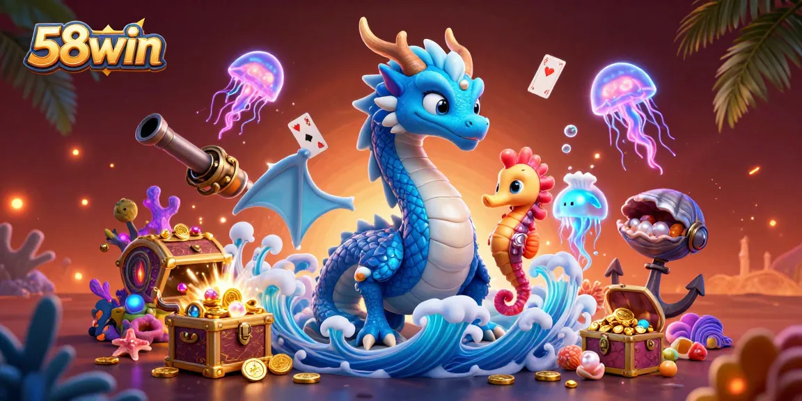 Engage with lively 58win gameplay featuring a vibrant azure dragon and coral knight amidst treasure and cards