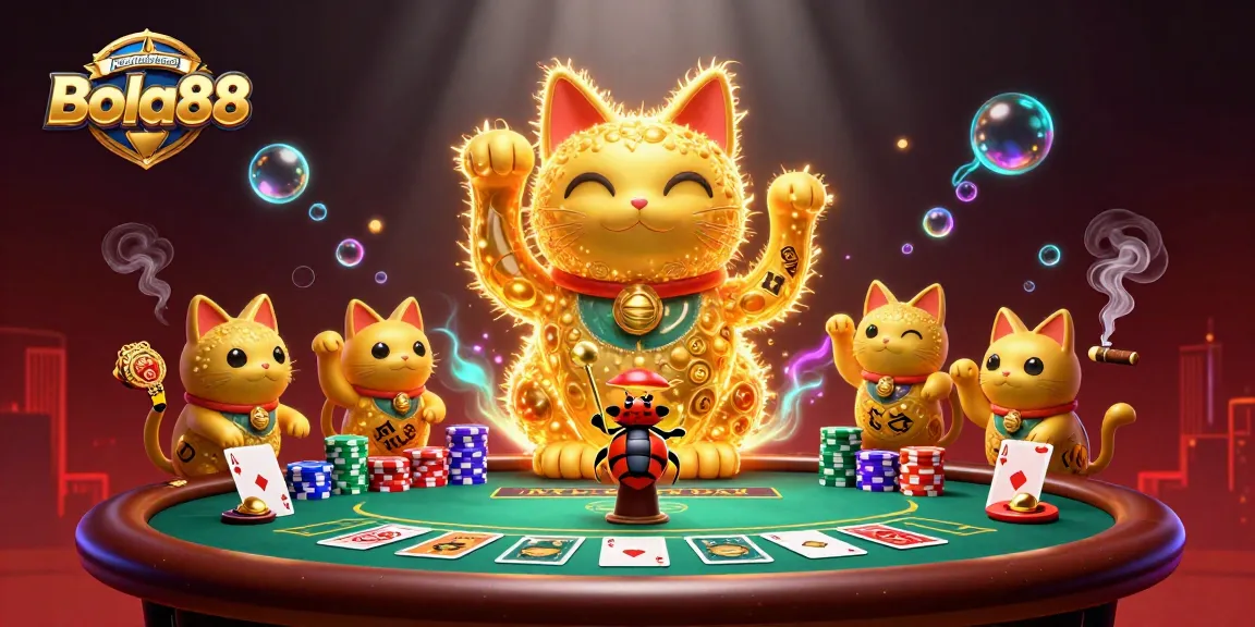 Agen Bola Resmi Bola88 showcases golden fireflies forming a lucky cat amidst vibrant gambling elements.