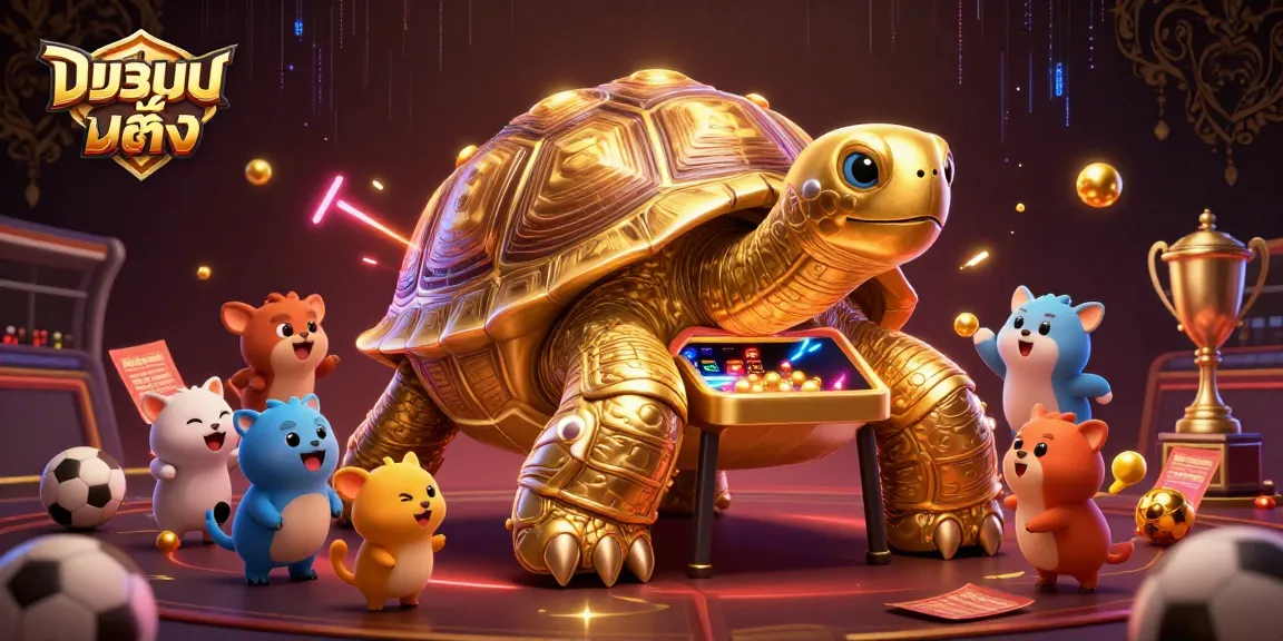 Engage in แทงบอลเต็ง with a golden tortoise pinball machine, vibrant sports elements in the scene.