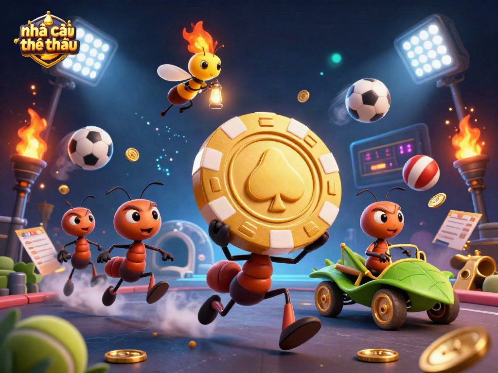 Engaging scene of nhà cái thể thao where cartoon ants carry a giant poker chip through a sports-themed tunnel.