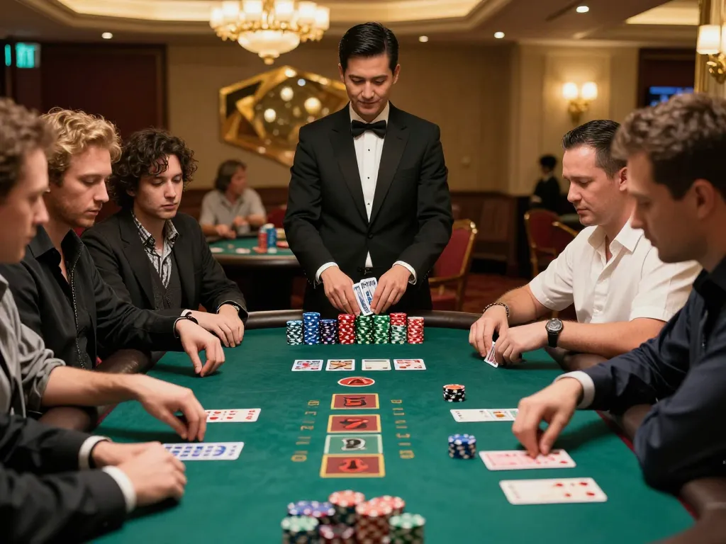 Players engaging in strategic blackjack at a sleek casino table at 11-hd, showcasing excitement and camaraderie.