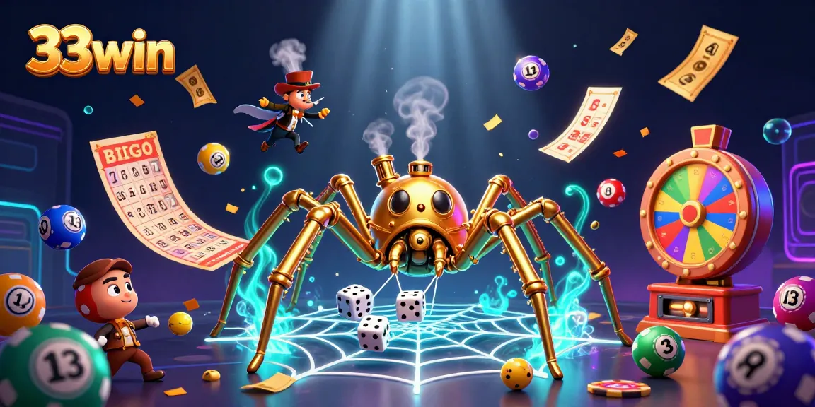 Engage with 33win's vibrant casino scene featuring a golden spider amidst dynamic lottery elements.