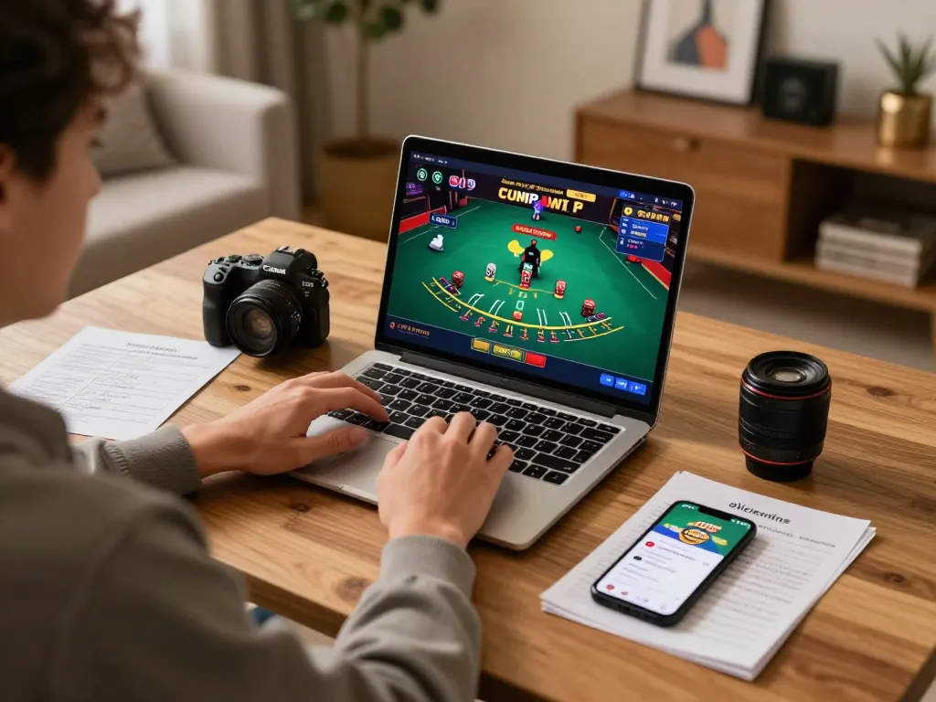 Engaging player using au88 casino app on laptop for blackjack strategy in cozy setup