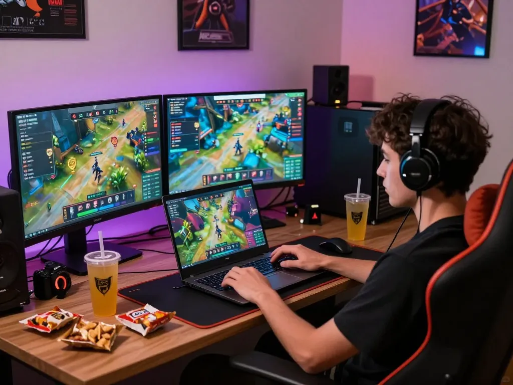 Player enjoying winstrike69 online gaming experience in a cozy setting with vibrant graphics and gaming gear.