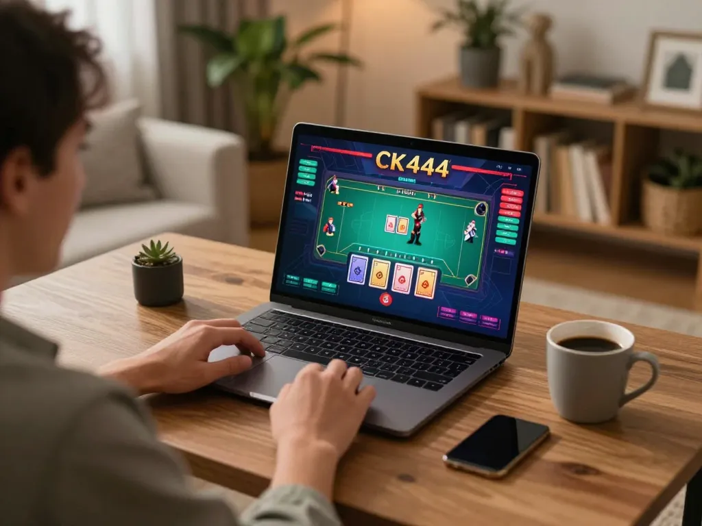 Player engaging in online casino gameplay on CK444, cozy home setup showcasing live dealer action.