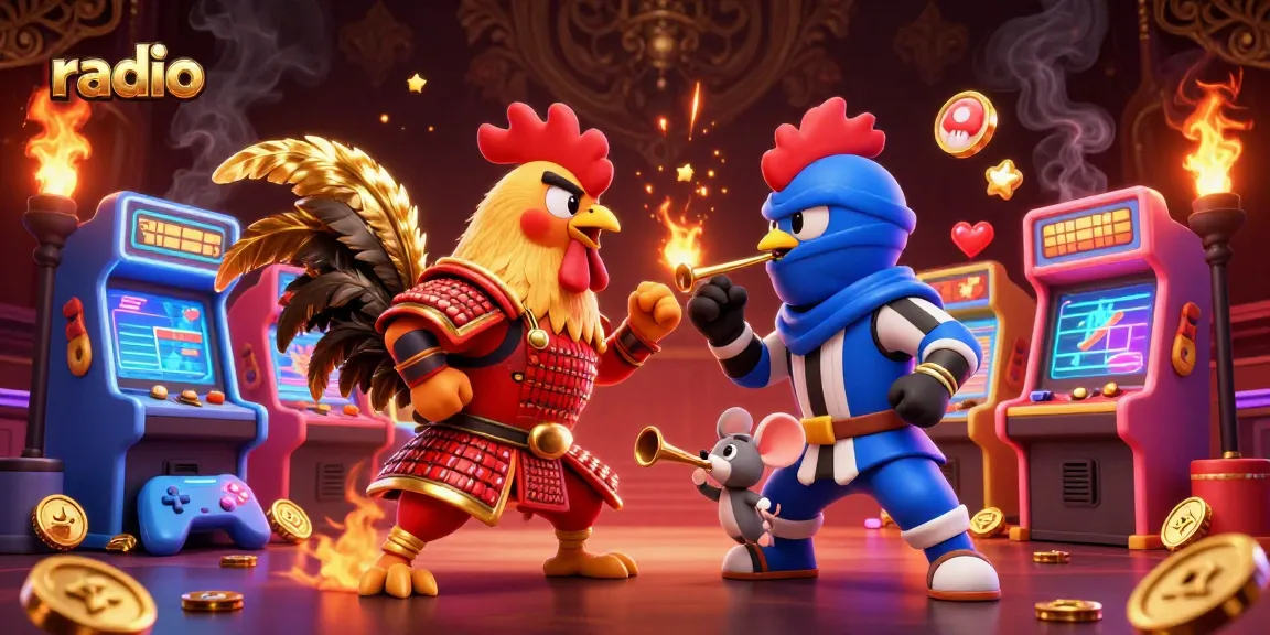 Watch twin roosters battle in a vibrant radio-themed casino scene filled with arcade elements.
