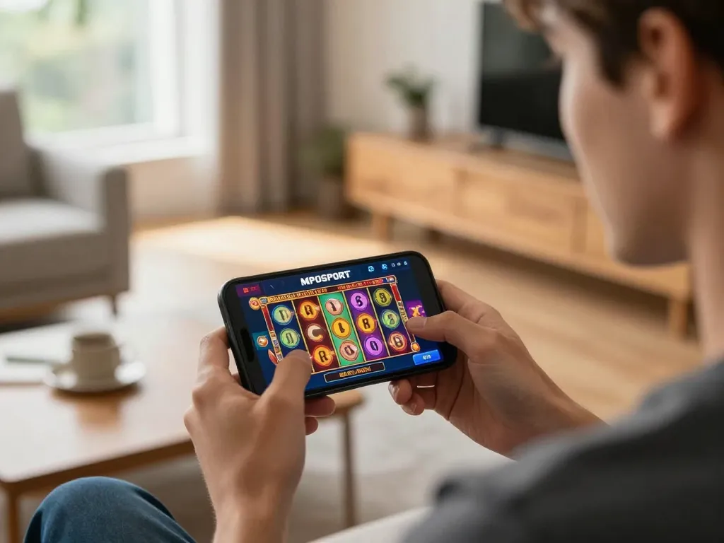 Player enjoying mobile gameplay on MPOSPORT casino app with engaging slot graphics in a cozy home setting