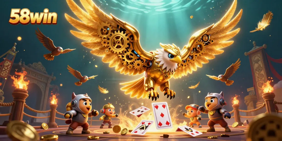 Engage with the dynamic energy of 58win as the golden eagle navigates a casino scene filled with vibrant playing cards and gaming elements.