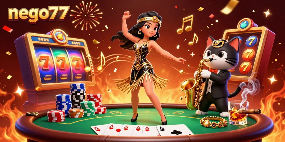 Nego77 brings thrilling slot action alive with a vibrant 3D casino scene featuring slots, confetti, and a dancing woman.