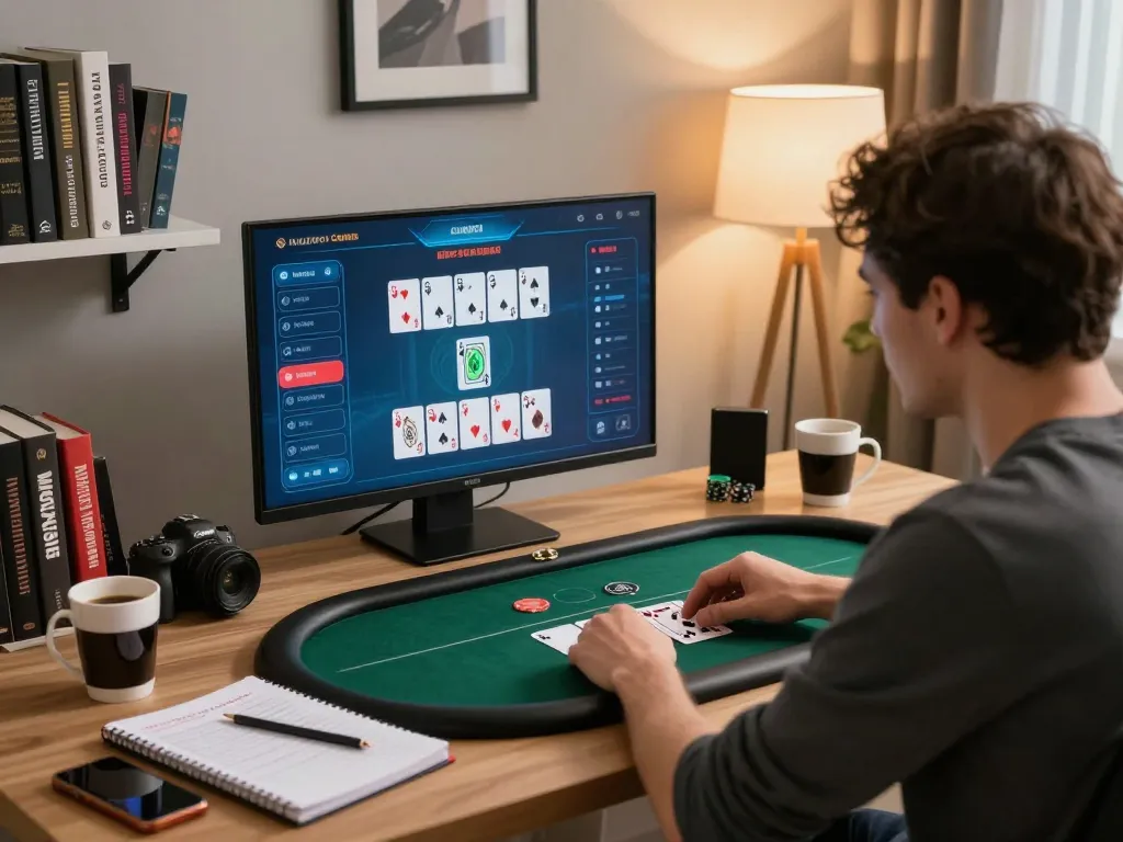 Engaging online poker gameplay at n188vip with player analyzing cards and betting strategies in a cozy home setup.