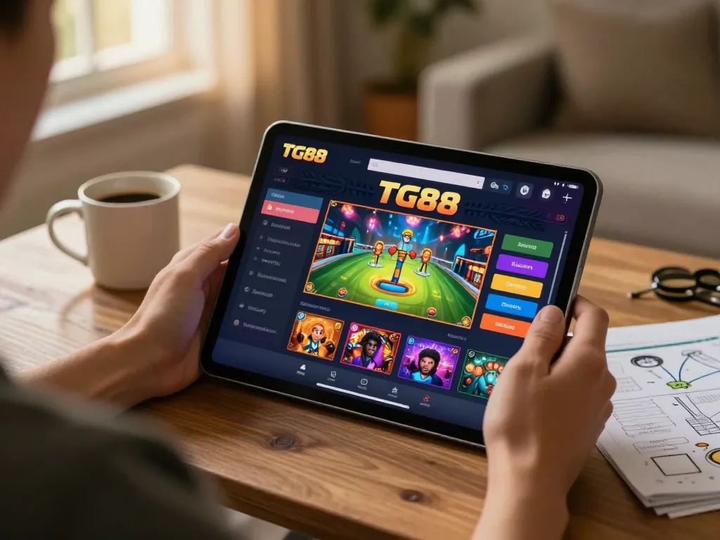 Player engaging with the TG88 casino app on a tablet, enhancing their gaming strategy