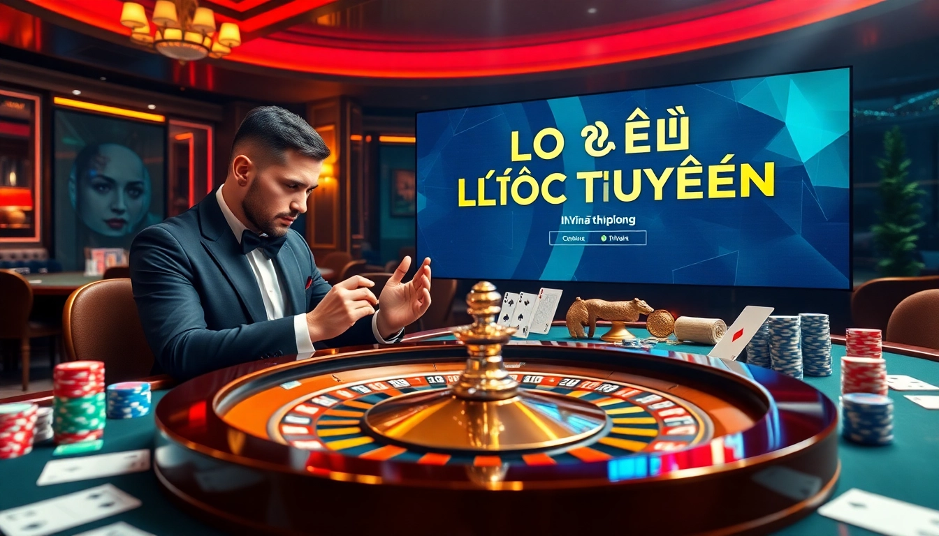 Lô Đề Trực Tuyến showcases a luxury casino scene of players engaged in thrilling betting actions.