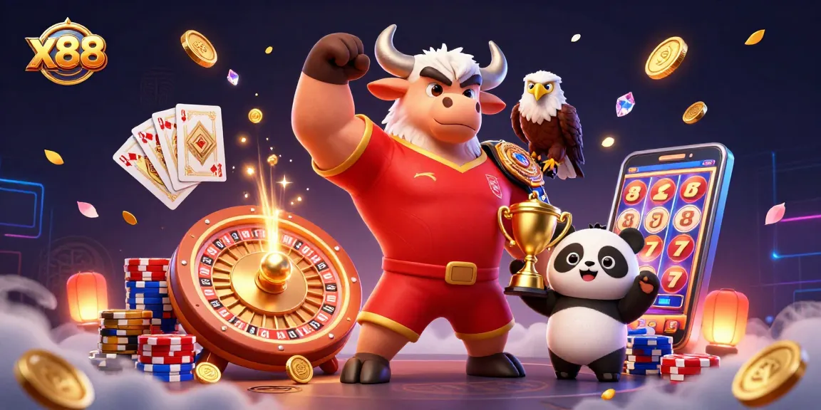 x88 thrills players with a dynamic casino scene featuring a muscular bull mascot, eagle champion, and panda trophy holder.