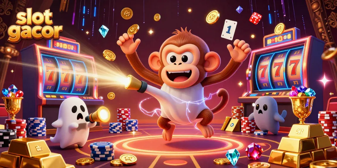Engage with slot gacor in a dynamic casino scene featuring a playful poltergeist monkey and ghost-hunter puppy.