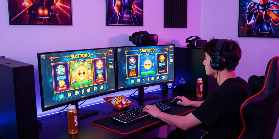 Exciting Slot7000 gaming setup with vibrant slot graphics, immersive atmosphere, and high-tech peripherals.