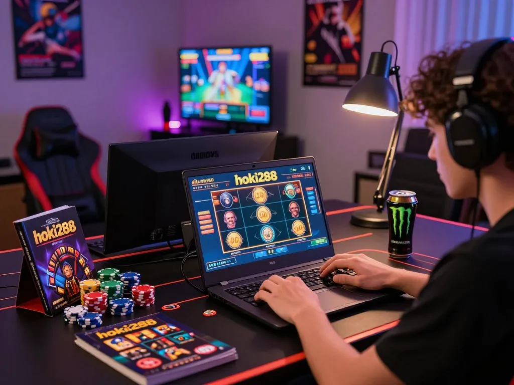 Mainkan permainan hoki288 online di laptop, dikelilingi oleh chip permainan dan panduan strategi, dalam pengaturan permainan yang intens.