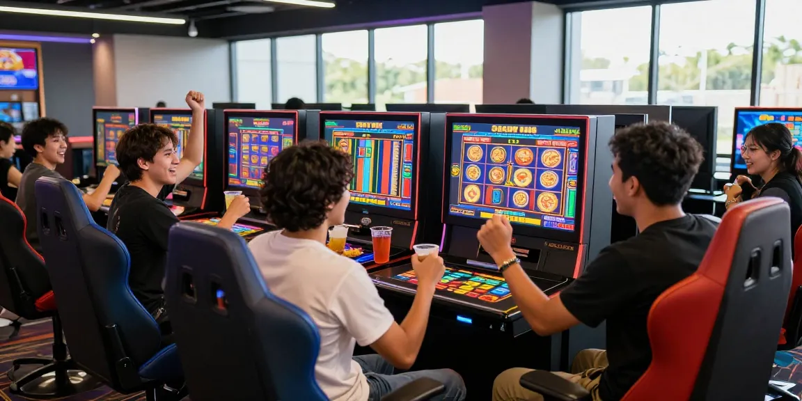 Exciting atmosphere at a gaming lounge with friends enjoying slot gacor games.