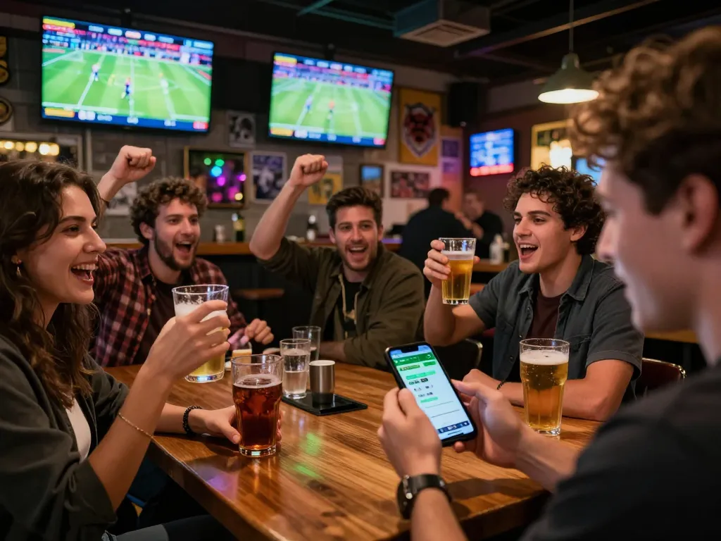 Experience the thrill of sports betting at situs smartcityhostels, placing bets with a smartphone in a lively bar setting