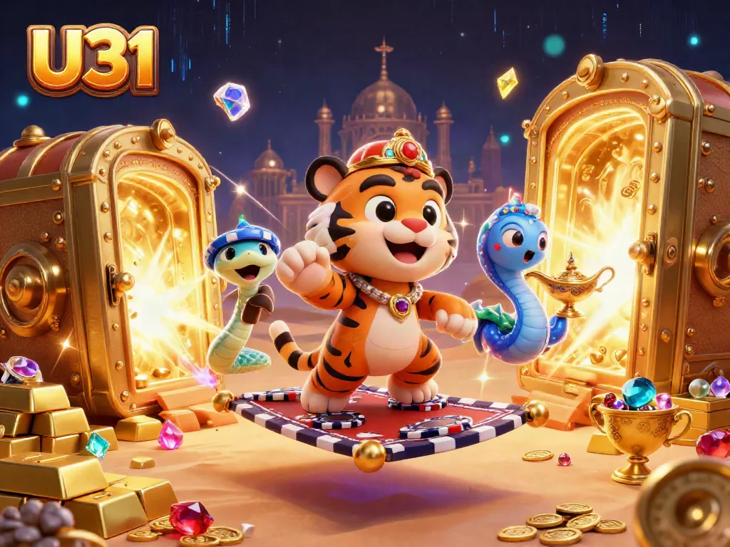 Join the excitement at U31 with the vibrant tiger sultan on a golden poker chip carpet, symbolizing thrilling gaming adventures.