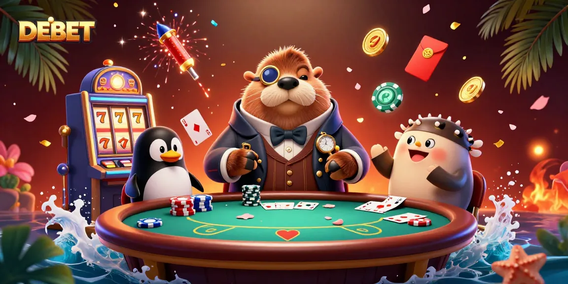 Engage in DEBET poker with a jolly walrus, penguin dealer, and pufferfish player in a vibrant underwater scene.
