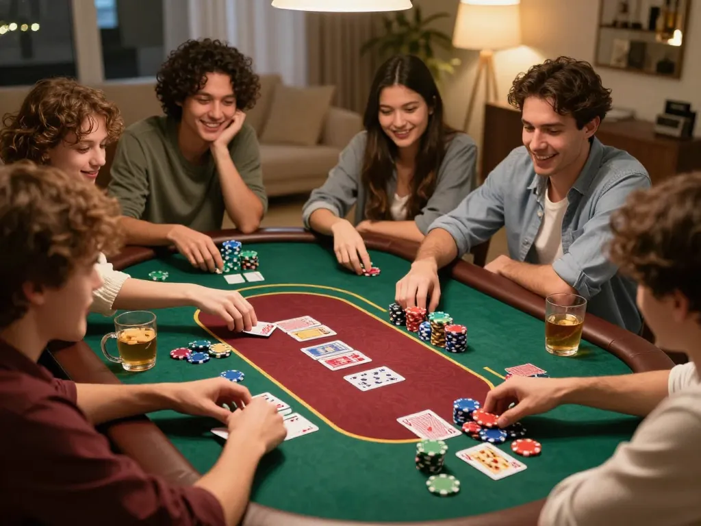 Sahabat menikmati malam poker di rumah, menampilkan strategi slot pulsa dengan chip dan kartu yang berwarna-warni.