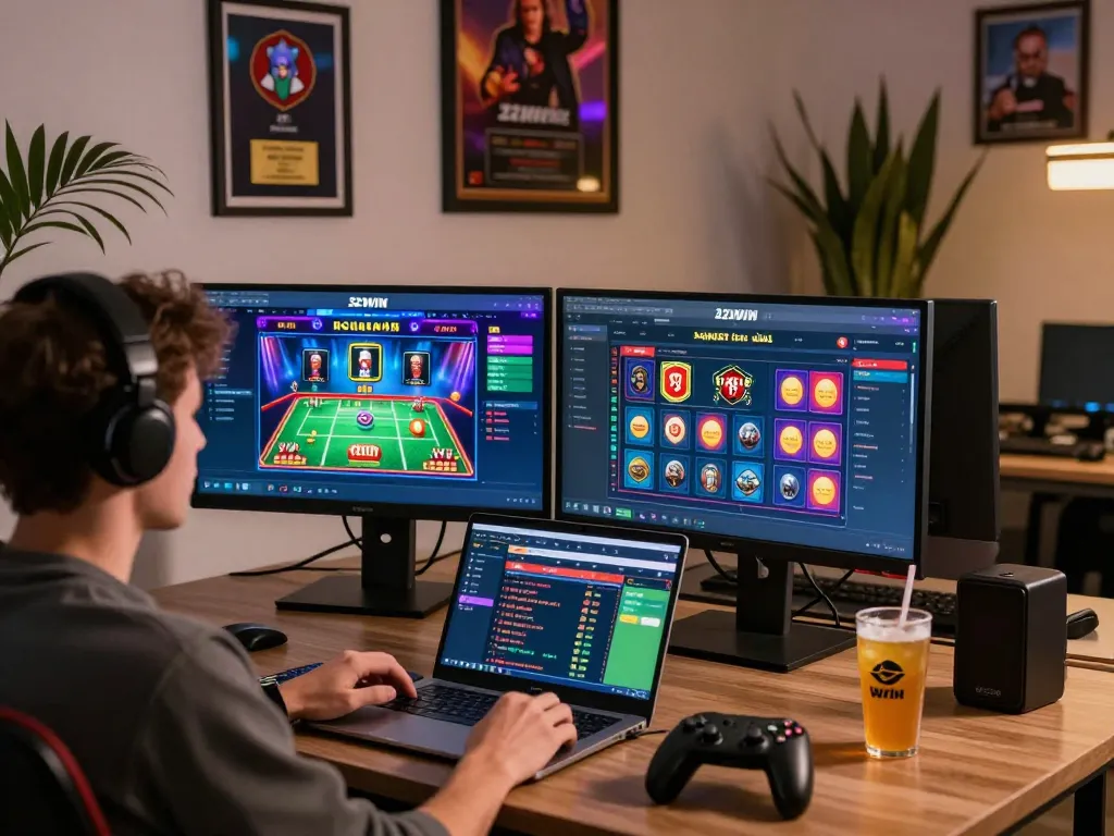 Engaging scene of a user at Nhà Cái 32win platform enjoying online gaming experience.