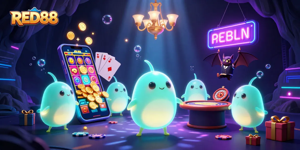 Experience the thrill of RED88 in this vibrant casino scene filled with glowworms and exciting game elements.