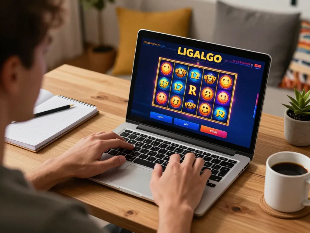 LIGALGO player spinning colorful slot reels on a laptop in a cozy home setting, illustrating online gaming.
